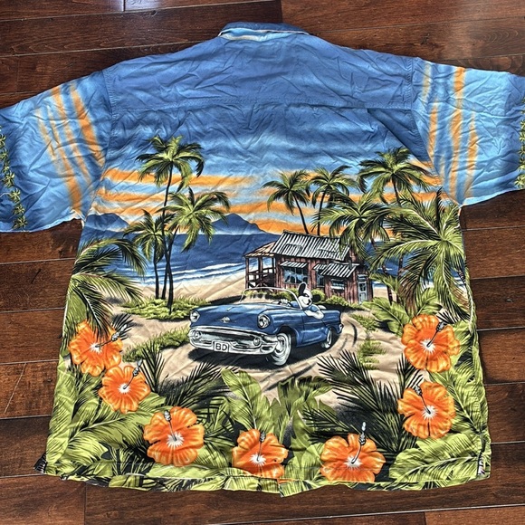 Big Dogs Shirt Mens 2X Blue Hawaiian Car Beach Palm Tree Camp Hot Rod Vintage - Picture 8 of 12